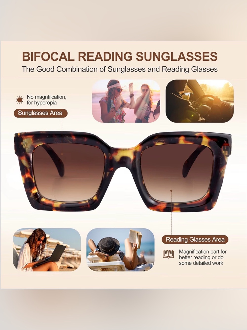 Woman's Tortoiseshell Fashion Bifocal Reading Sunglasses UV400 +1.5, Brown, OS - Picture 2 of 7